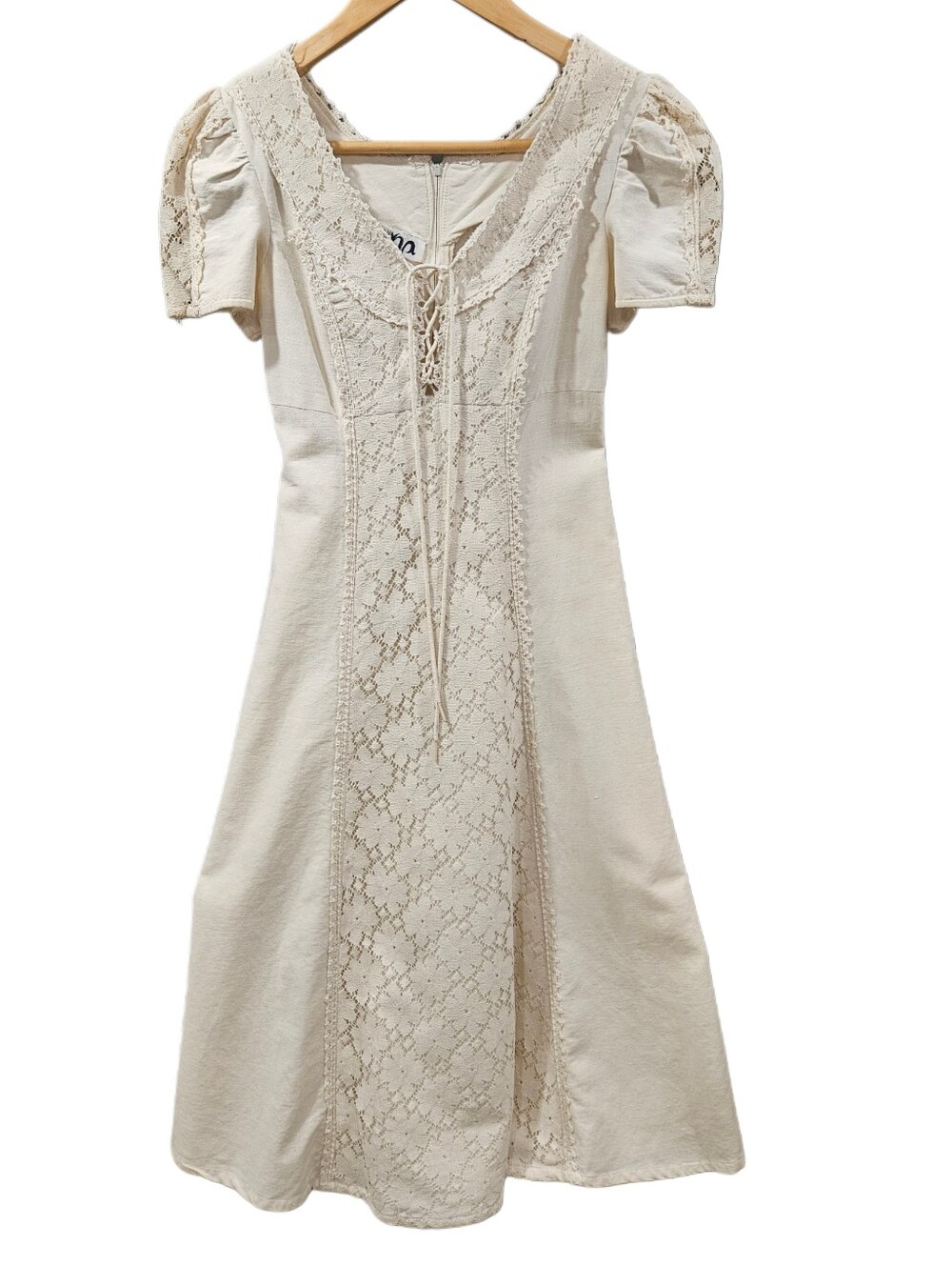 VTG 70s OOPS California Prairie Dress Ivory Lace Up Cottagecore S/XS - Picture 3 of 8